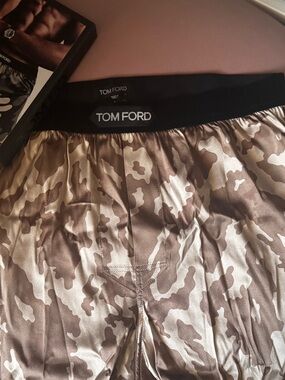 Tom Ford mens Brown and Cream Camo Satin Shorts